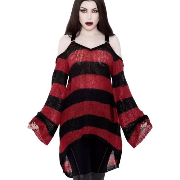 KILLSTAR Sweater Dress Sz.S  Red Black Knit Distressed Bell Sleeve Goth Punk - Picture 2 of 15